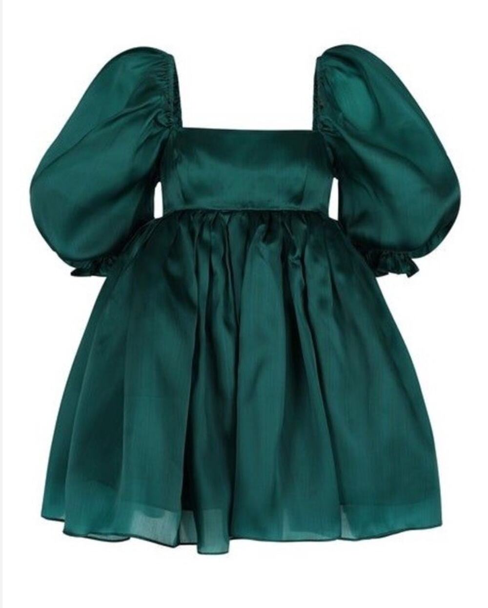 Selkie Emerald Green Silk Puff Sleeve Babydoll Mini Dress XS Fairy Cottagecore